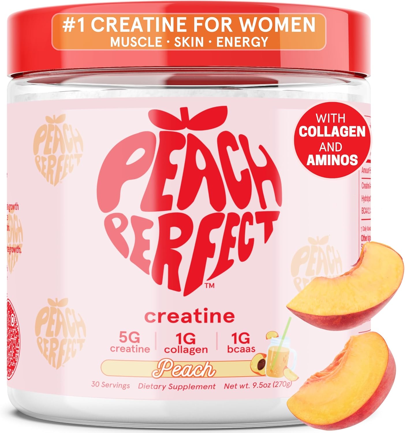 Vegan Peach Flavored Creatine Monohydrate Powder for Women with Collagen and BCAAs - Supports Energy and Muscle Growth - 30 Servings
