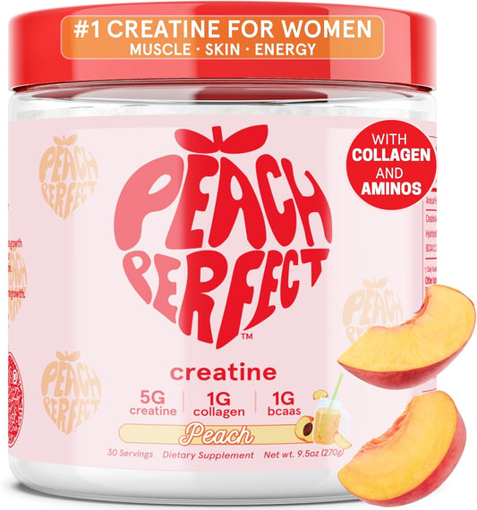 Vegan Peach Flavored Creatine Monohydrate Powder for Women with Collagen and BCAAs - Supports Energy and Muscle Growth - 30 Servings