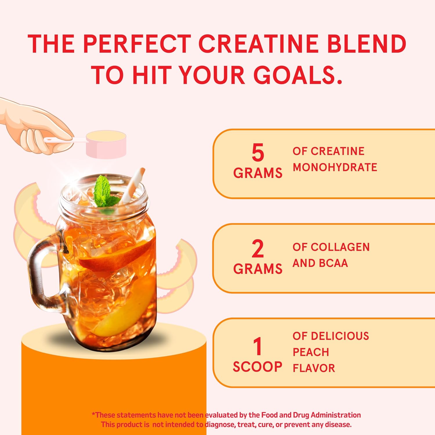 Vegan Peach Flavored Creatine Monohydrate Powder for Women with Collagen and BCAAs - Supports Energy and Muscle Growth - 30 Servings