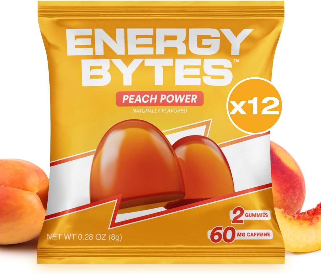Vegan Peach Power Energy Gummies for Running, Cycling, and Sports Performance - Low Sugar, Instant Energy Boost - 12 Pack