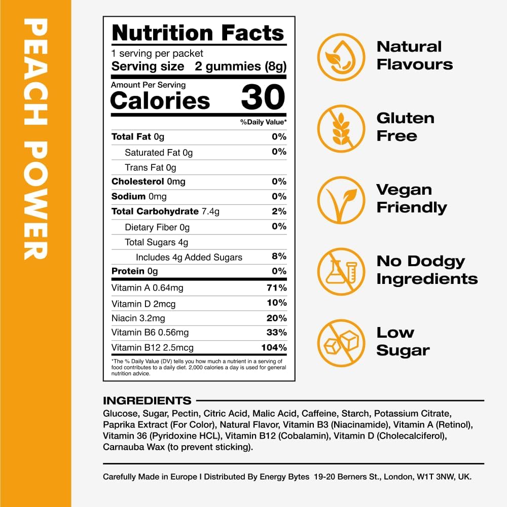 Vegan Peach Power Energy Gummies for Running, Cycling, and Sports Performance - Low Sugar, Instant Energy Boost - 12 Pack