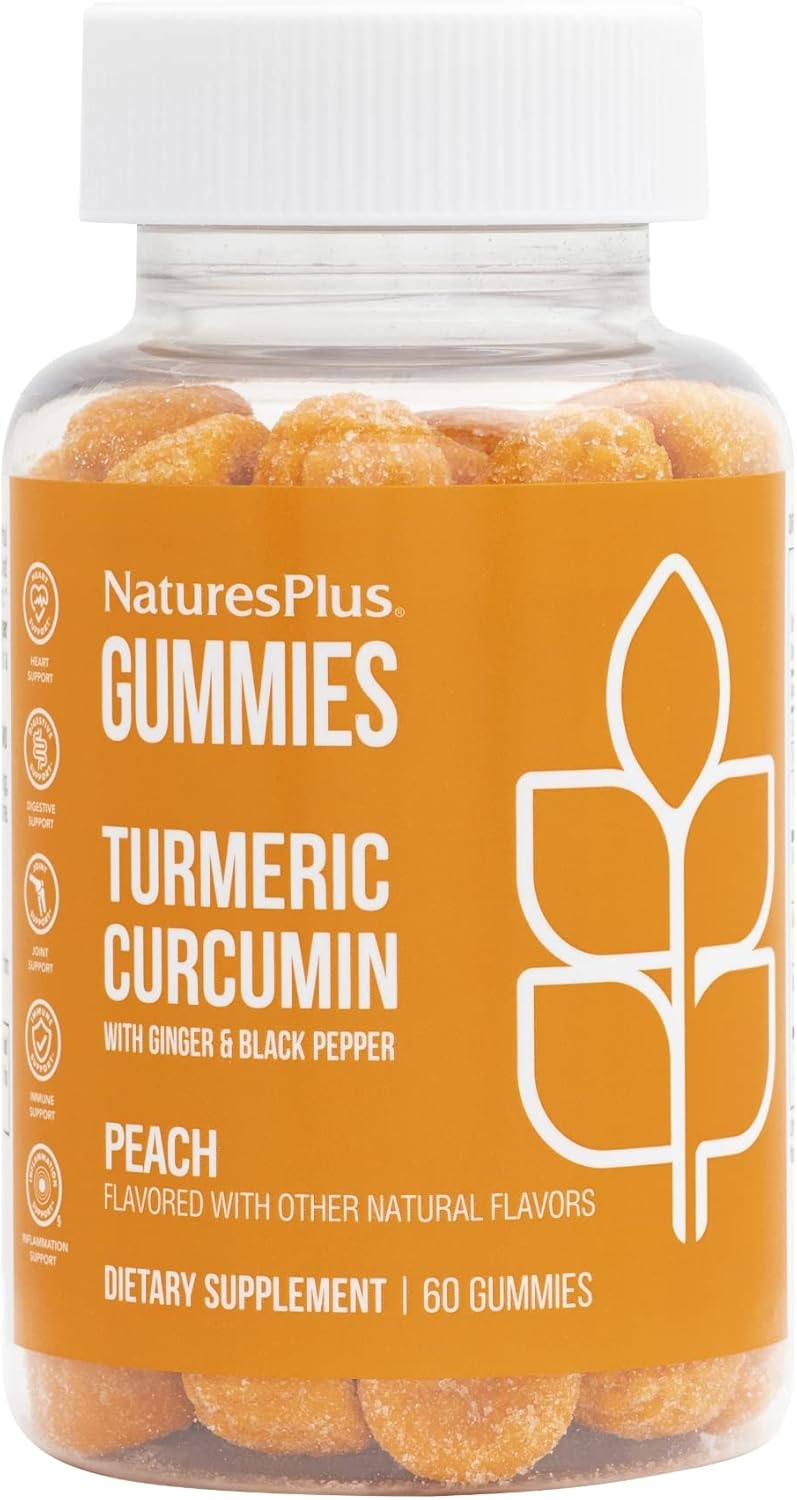 Vegan Peach Turmeric Curcumin Gummies - 60 Count, Joint & Cardiovascular Support - Gluten Free - Non-GMO - 30 Day Supply