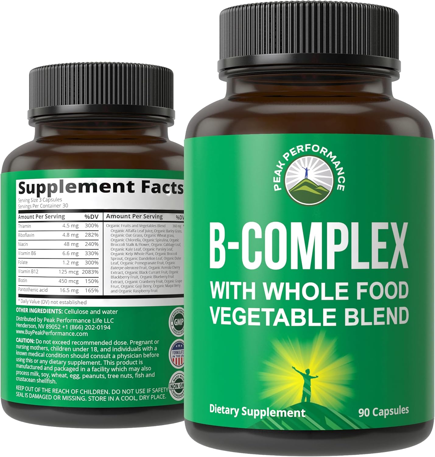 Vegan Peak Performance Vitamin B Complex Capsules with 25 Fruits and Vegetables for Energy Boost - 90 Capsules