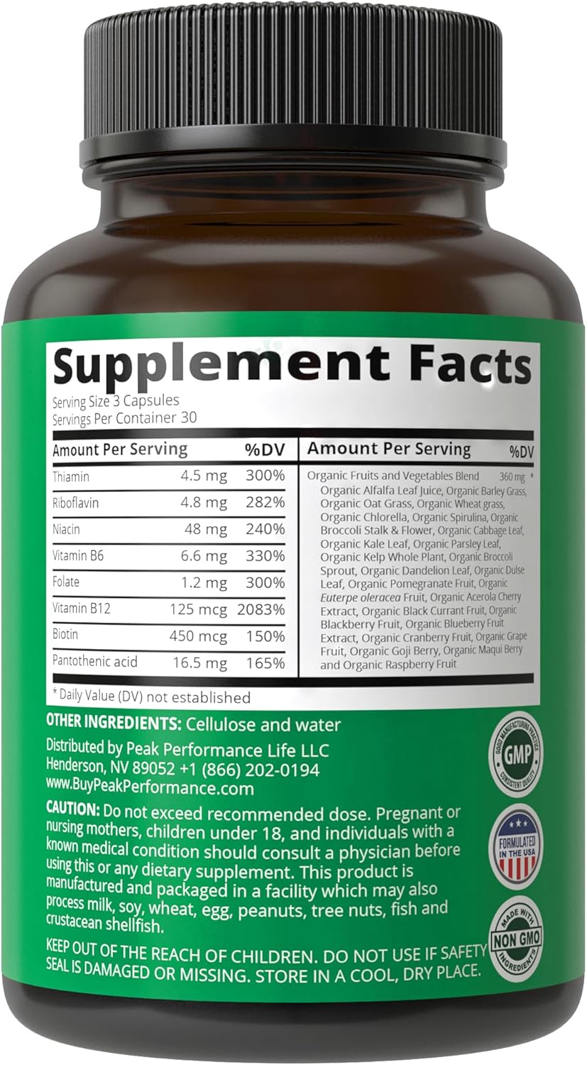 Vegan Peak Performance Vitamin B Complex Capsules with 25 Fruits and Vegetables for Energy Boost - 90 Capsules