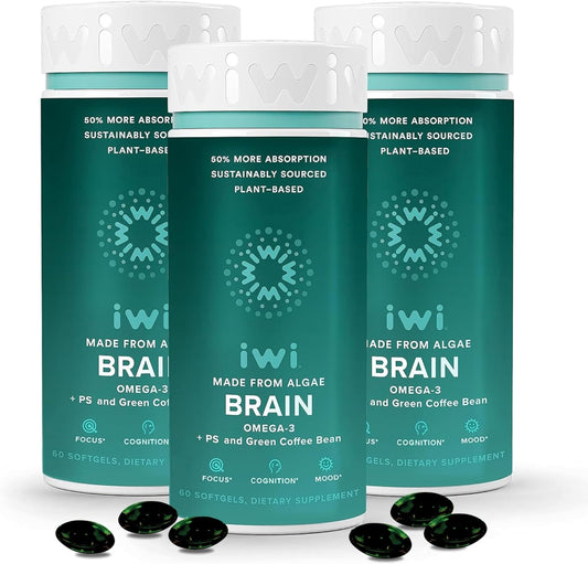 Vegan Plant-Based Algae Omega-3 Softgels for Focus, Memory, and Mood Support - 180 ct