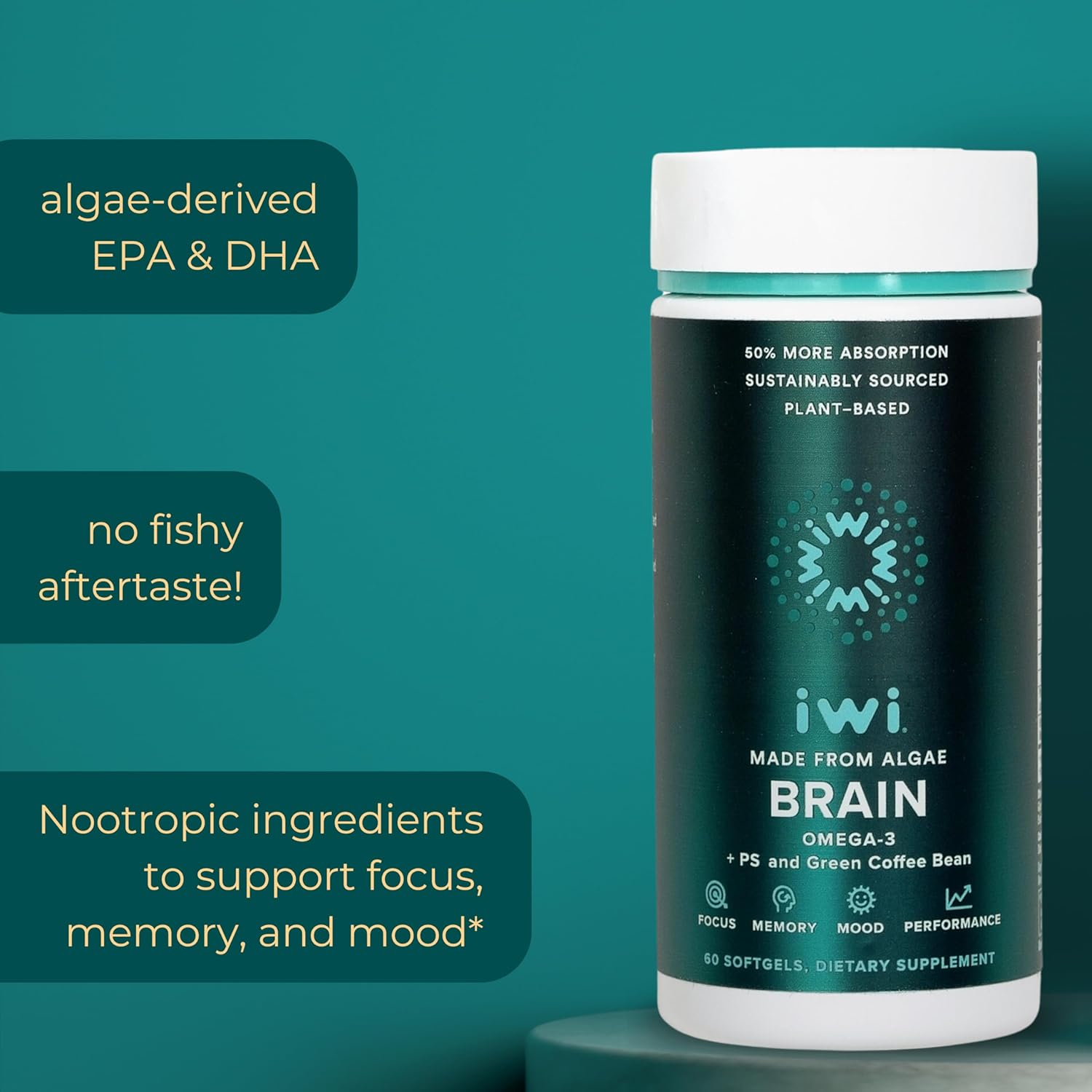 Vegan Plant-Based Algae Omega-3 Softgels for Focus, Memory, and Mood Support - 180 ct