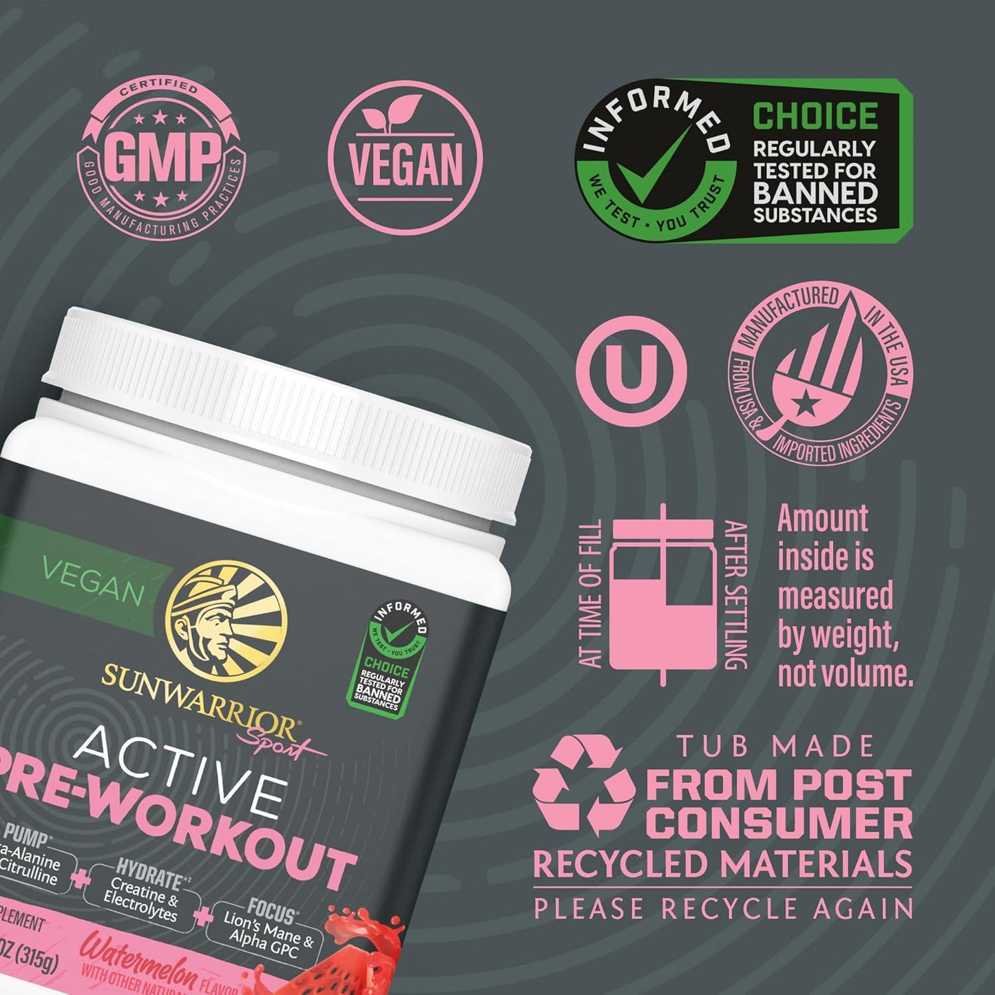 Vegan Plant-Based Pre Workout Powder for Energy, Focus, and Strength - Watermelon Flavored 30 Servings - Active Preworkout Supplement for Endurance and Hydration