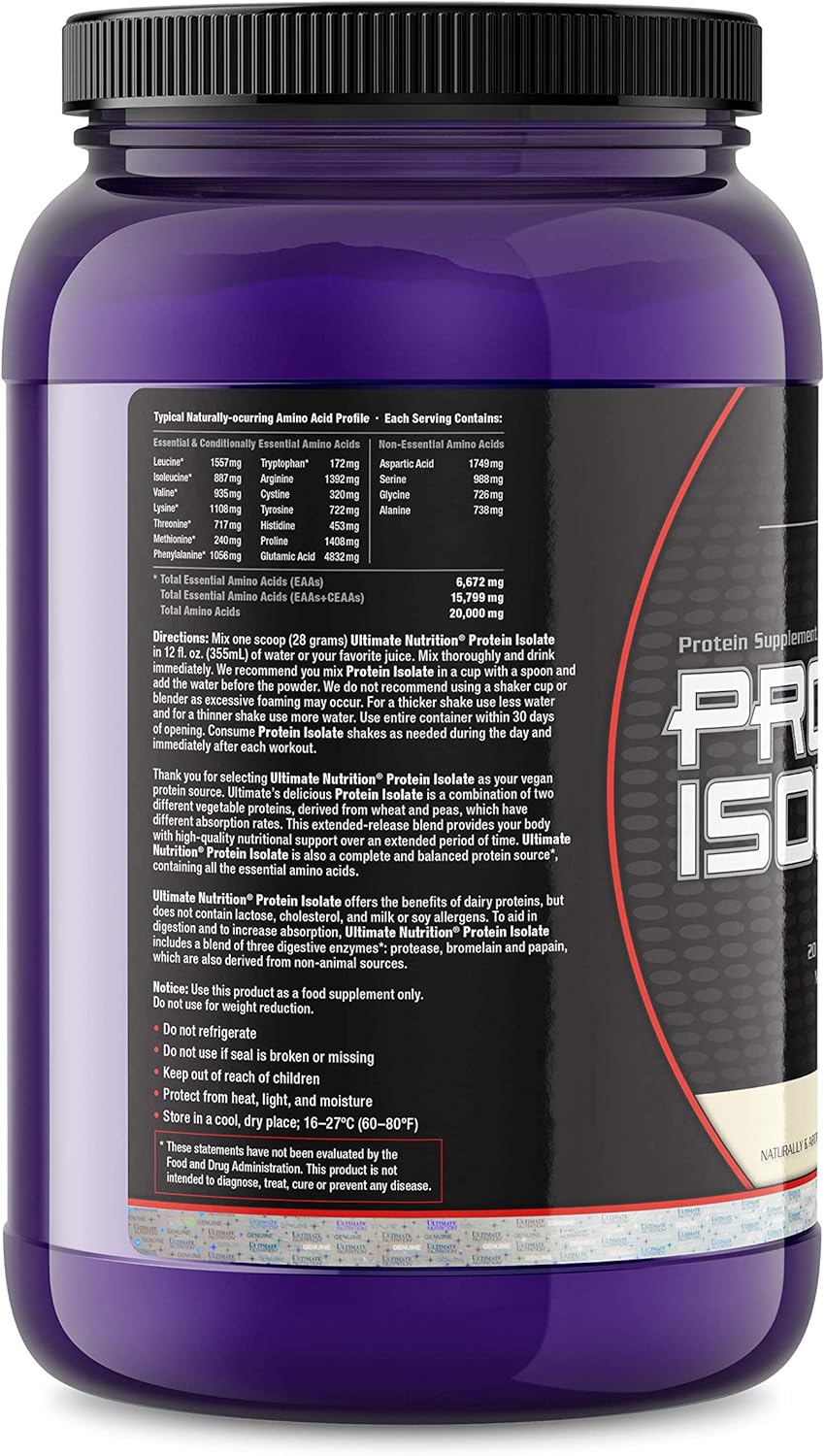 Vegan Plant Based Protein Isolate Powder - Vanilla Flavor - 20g Protein Per Serving - No Sugar, No Lactose - 100% Naturally Occurring BCAAs - 2lb