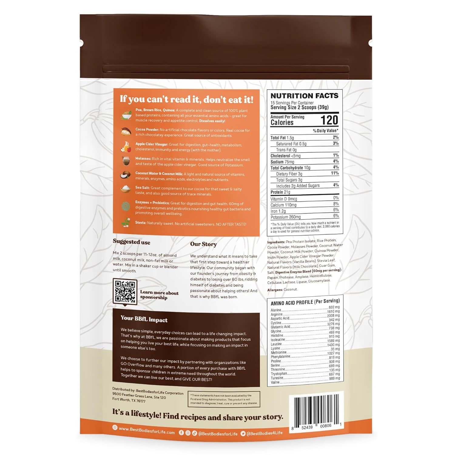 Vegan Plant Based Protein Powder Shake with Apple Cider Vinegar and Digestive Enzymes for Men & Women - 21g Protein (15 Servings, Cocoa Cream)