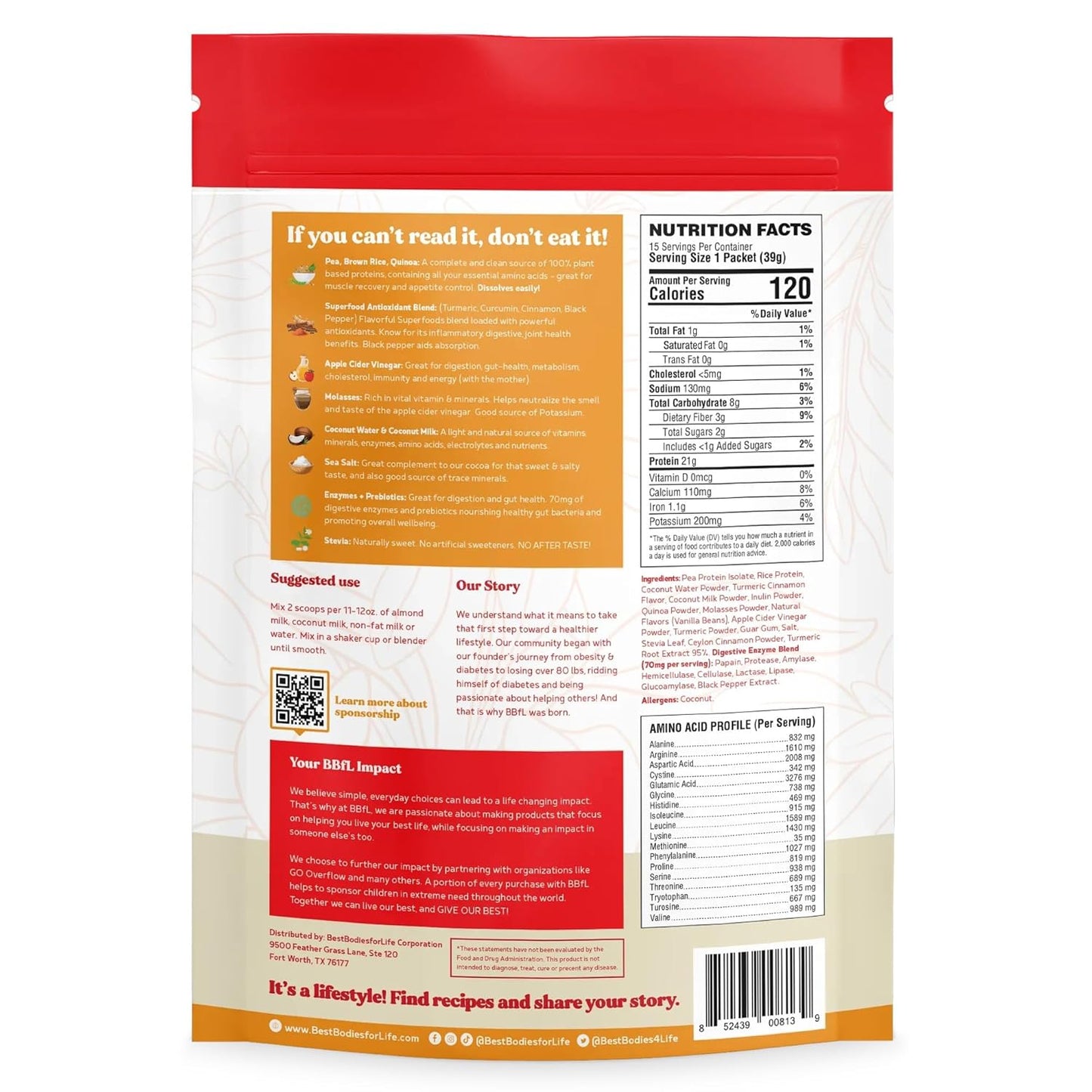 Vegan Plant-Based Protein Powder with Digestive Enzymes, 21g Protein, Turmeric Curcumin Cream, Meal Replacement Shake (15 Servings)