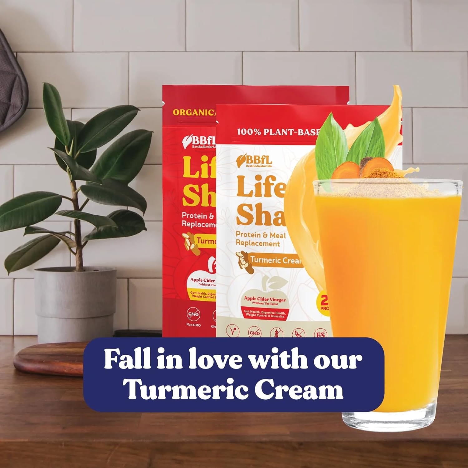 Vegan Plant-Based Protein Powder with Digestive Enzymes, 21g Protein, Turmeric Curcumin Cream, Meal Replacement Shake (15 Servings)