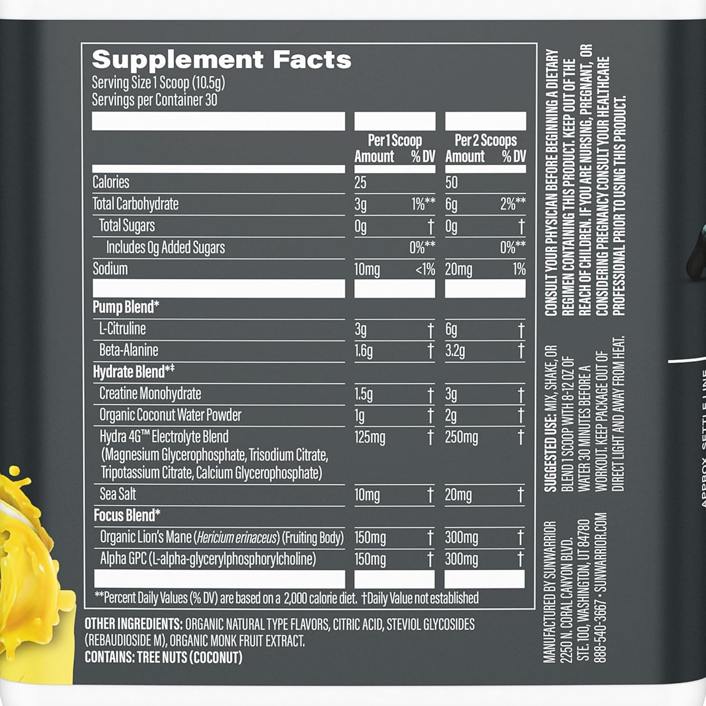 Vegan Plant-Based Sunwarrior Pre Workout Powder for Endurance & Strength - Yuzu Mango Flavored, Non-Stim & Caffeine Free, 30 Servings
