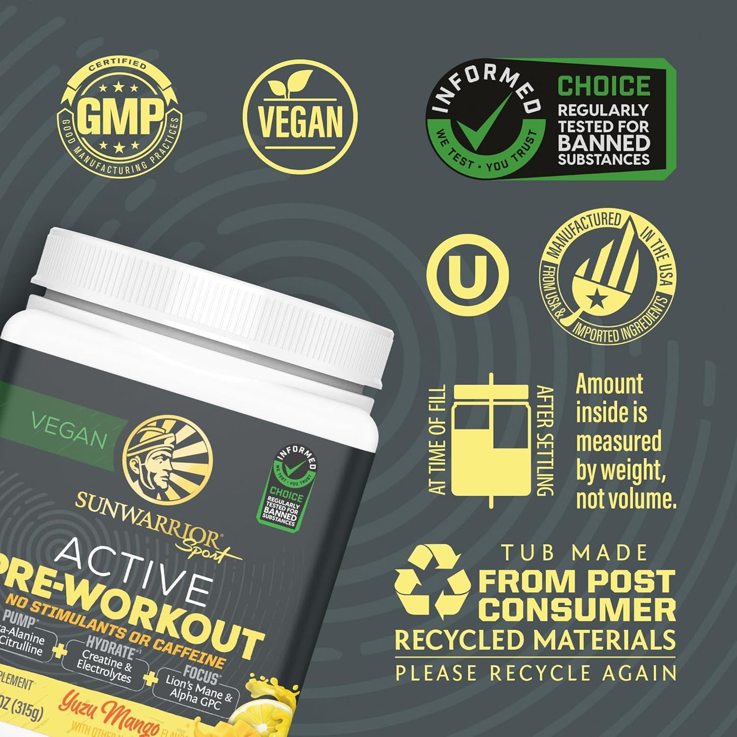 Vegan Plant-Based Sunwarrior Pre Workout Powder for Endurance & Strength - Yuzu Mango Flavored, Non-Stim & Caffeine Free, 30 Servings