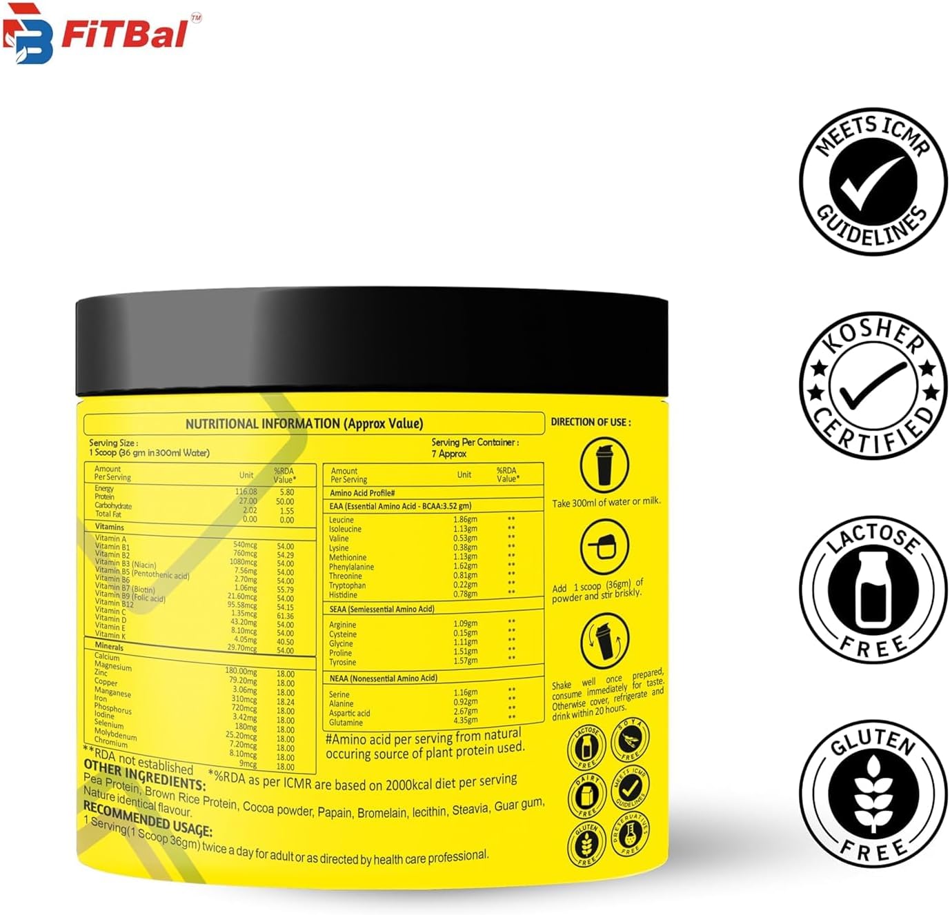 Vegan Plant Protein Powder with Pea and Brown Rice - 27g Protein Per Serving - 250g (7 Servings) - BCAA and Glutamine Included