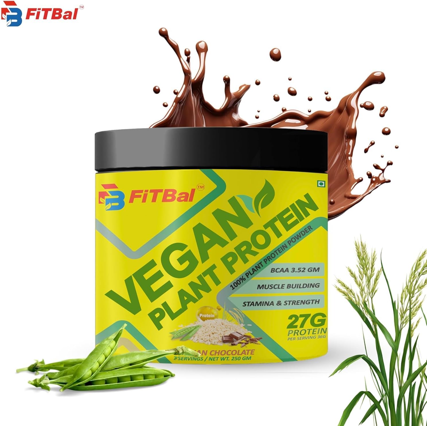 Vegan Plant Protein Powder with Pea and Brown Rice - 27g Protein Per Serving - 250g (7 Servings) - BCAA and Glutamine Included