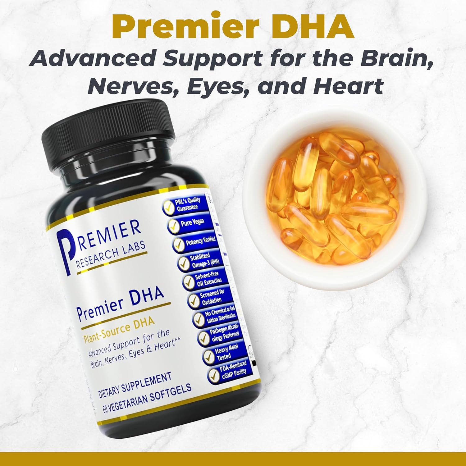 Vegan Premier DHA Softgels - Plant-Based DHA for Brain, Nerves, Eyes & Heart Support