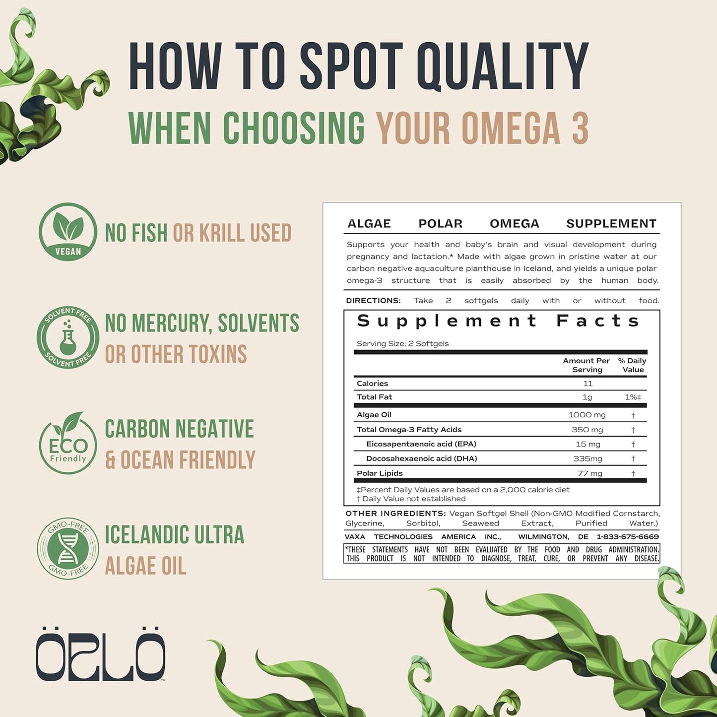 Vegan Prenatal DHA Omega-3 Supplement for Brain Development - Triple Strength - Algae Oil - 60 Mini Softgels