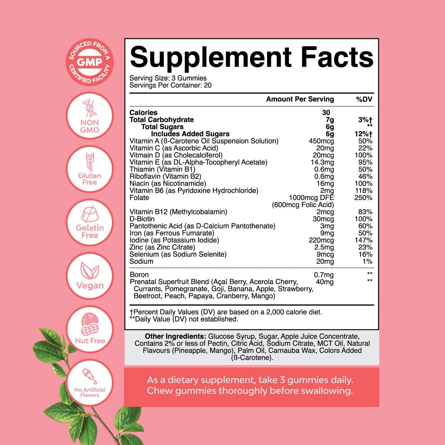 Vegan Prenatal Gummy Vitamins for Women - Iron, Folic Acid, Superfruit Blend - Chewable Pineapple Mango Formula - Trial Size
