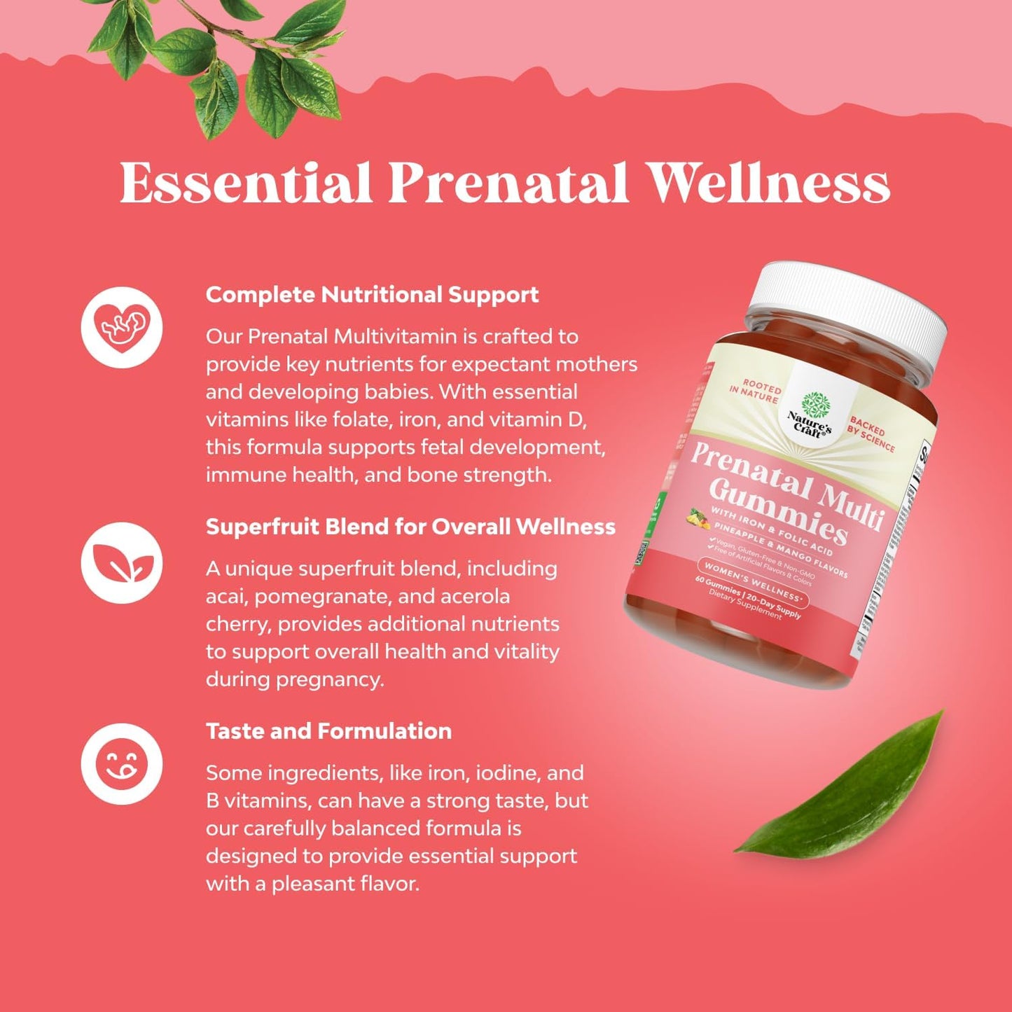 Vegan Prenatal Gummy Vitamins for Women - Iron, Folic Acid, Superfruit Blend - Chewable Pineapple Mango Formula - Trial Size