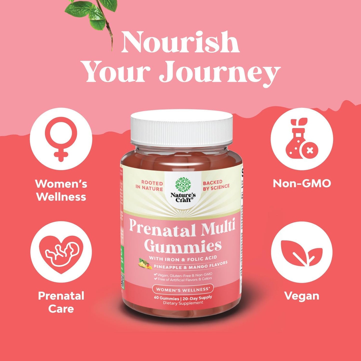 Vegan Prenatal Gummy Vitamins for Women - Iron, Folic Acid, Superfruit Blend - Chewable Pineapple Mango Formula - Trial Size