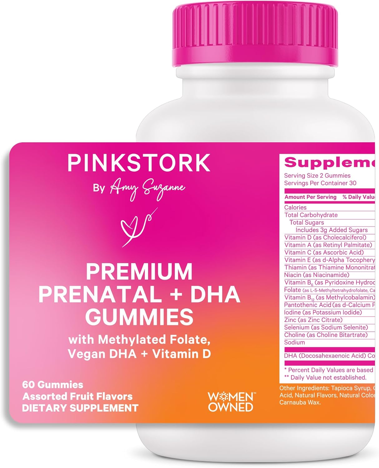Vegan Prenatal Gummy Vitamins with DHA, Folate, Vitamin D for Pregnancy - Neural Tube & Fetal Brain Development - 60 Gummies