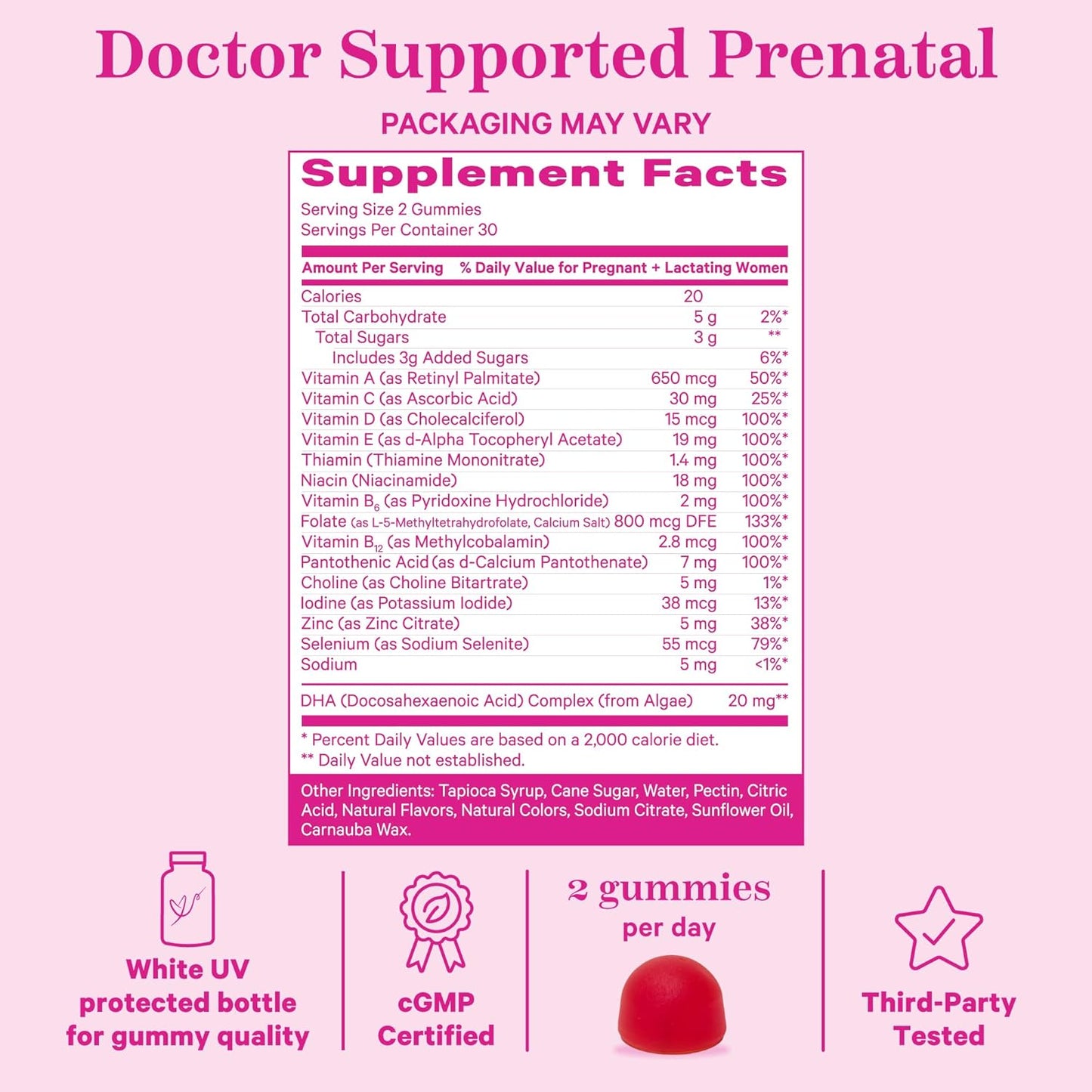 Vegan Prenatal Gummy Vitamins with DHA, Folate, Vitamin D for Pregnancy - Neural Tube & Fetal Brain Development - 60 Gummies