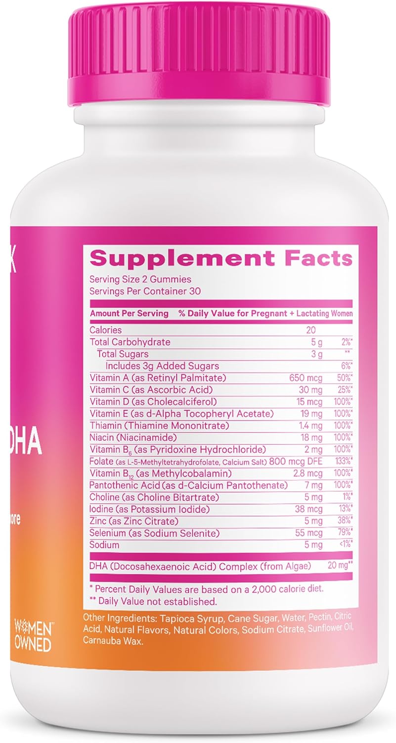 Vegan Prenatal Gummy Vitamins with DHA, Folate, Vitamin D for Pregnancy - Neural Tube & Fetal Brain Development - 60 Gummies