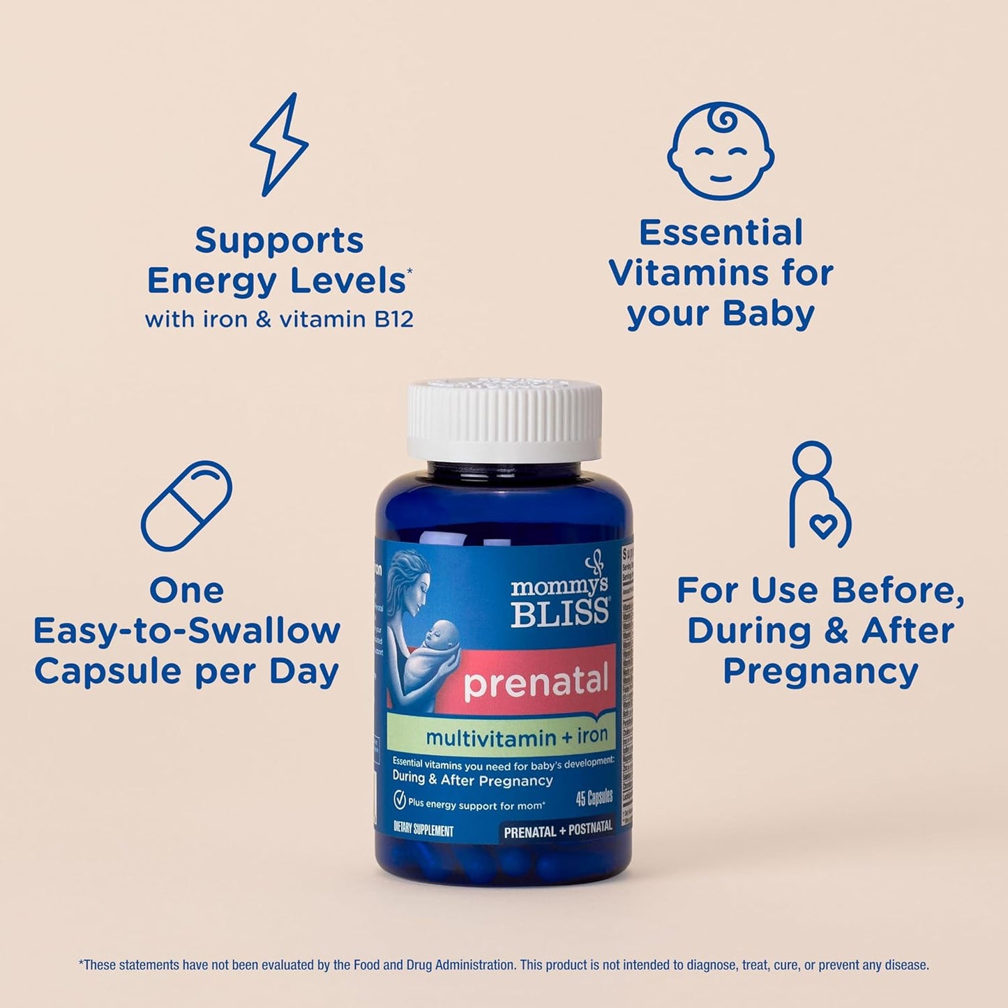 Vegan Prenatal Multivitamin for Mom and Baby Development with Iron, Folic Acid, B Vitamins, and Probiotics - Gluten Free (45 Servings)
