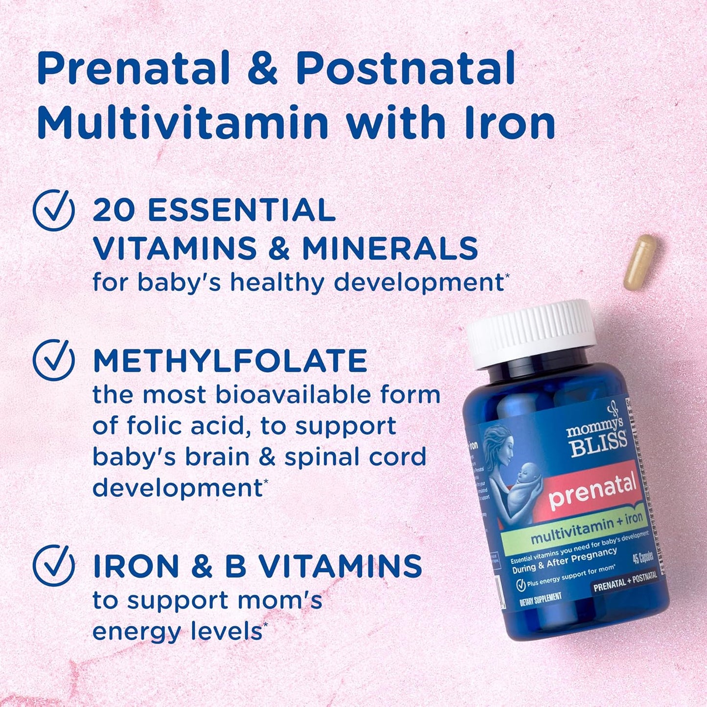 Vegan Prenatal Multivitamin for Mom and Baby Development with Iron, Folic Acid, B Vitamins, and Probiotics - Gluten Free (45 Servings)