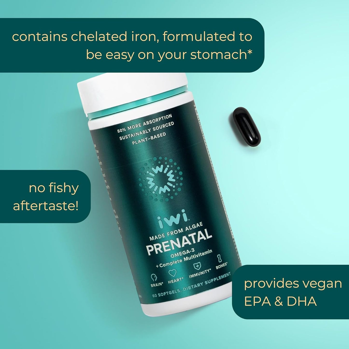 Vegan Prenatal Multivitamin with Algae Omega-3, Folate, Iron, B12, D3, and Calcium for Pregnancy - 60 Softgels