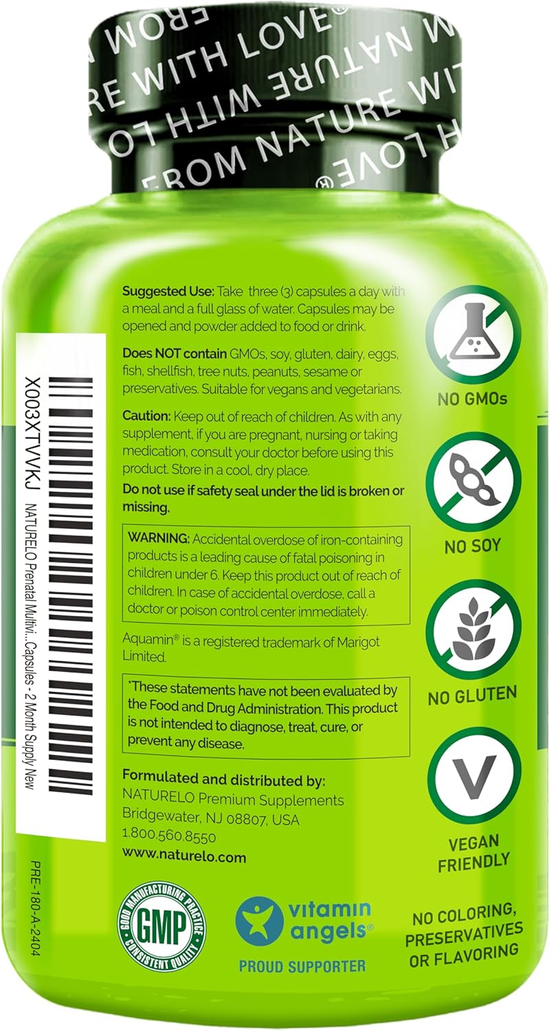 Vegan Prenatal Multivitamin with Chelated Iron, Methyl Folate, Plant Calcium & Choline - Non-GMO - Gluten Free - 180 Capsules