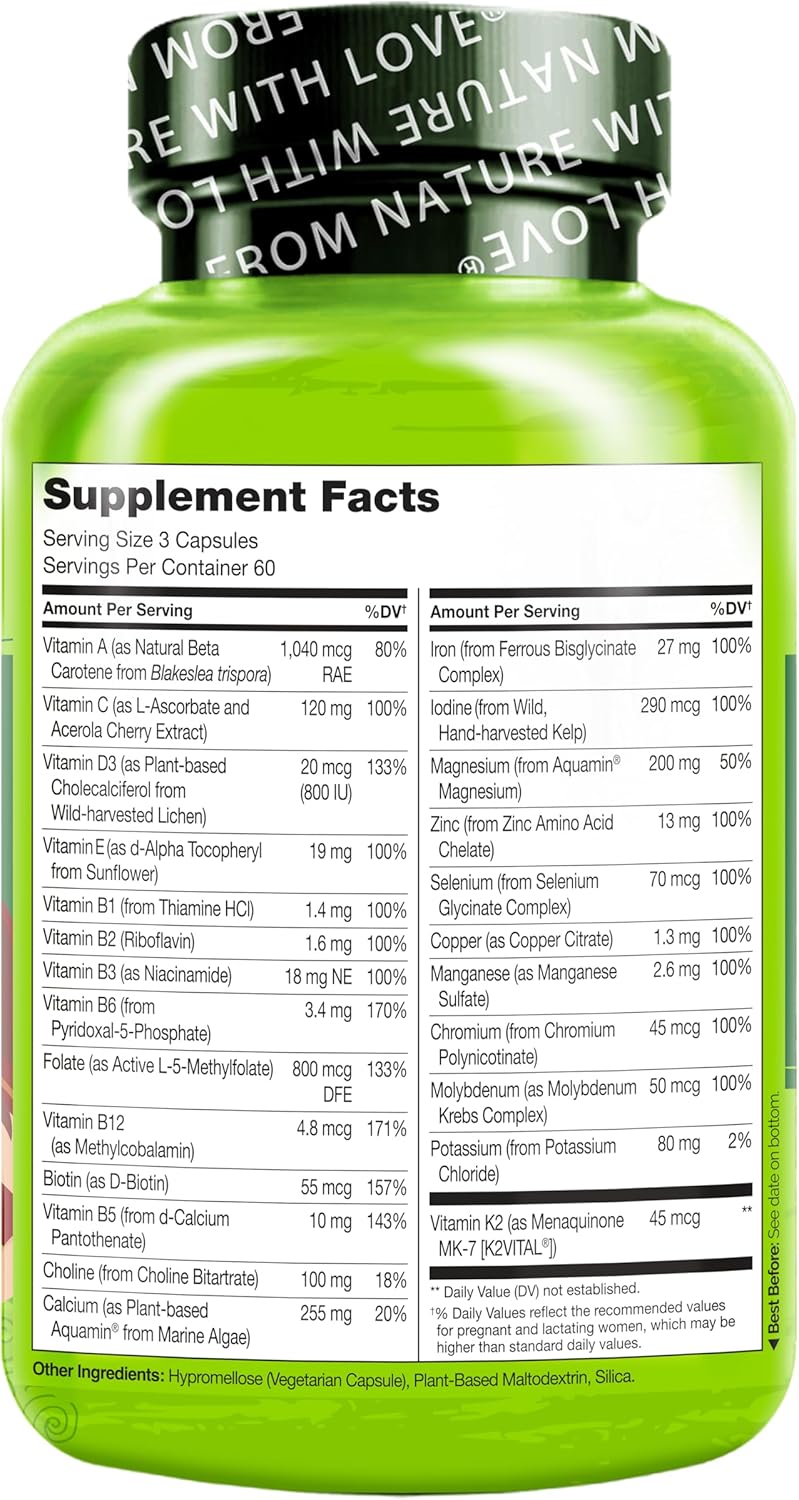 Vegan Prenatal Multivitamin with Chelated Iron, Methyl Folate, Plant Calcium & Choline - Non-GMO - Gluten Free - 180 Capsules
