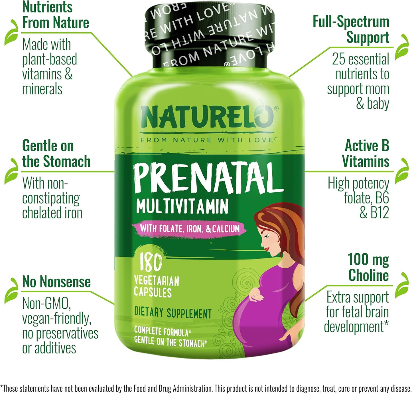 Vegan Prenatal Multivitamin with Chelated Iron, Methyl Folate, Plant Calcium & Choline - Non-GMO - Gluten Free - 180 Capsules