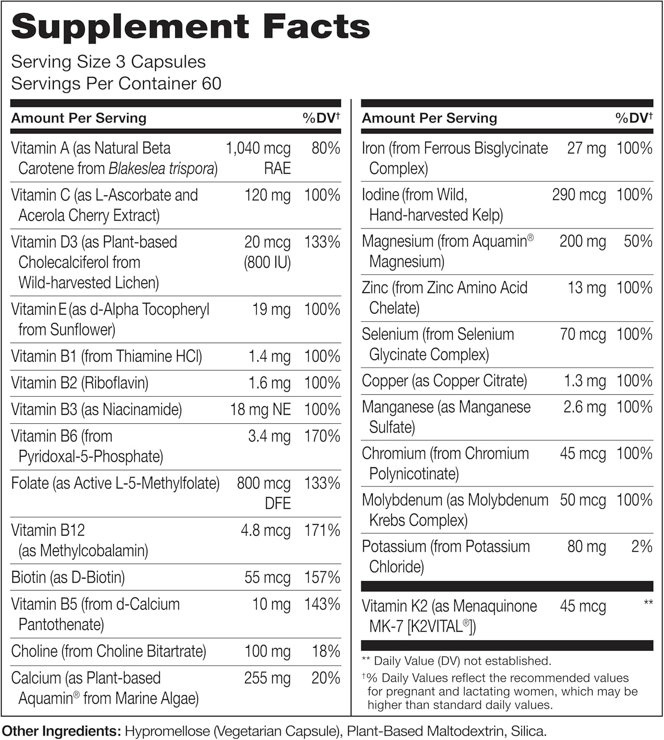 Vegan Prenatal Multivitamin with Chelated Iron, Methyl Folate, Plant Calcium & Choline - Non-GMO - Gluten Free - 180 Capsules