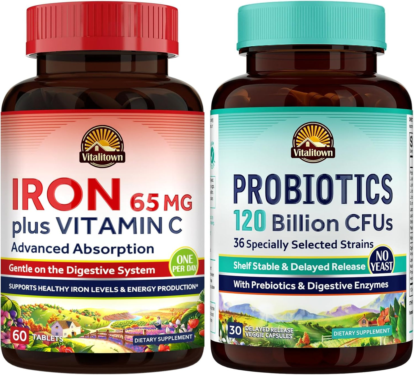 Vegan Probiotic and Iron Supplement Bundle for Gut, Bone, Muscle, and Energy Support - 120 Billion Probiotics & 65mg Iron - 30 Capsules & 60 Tablets