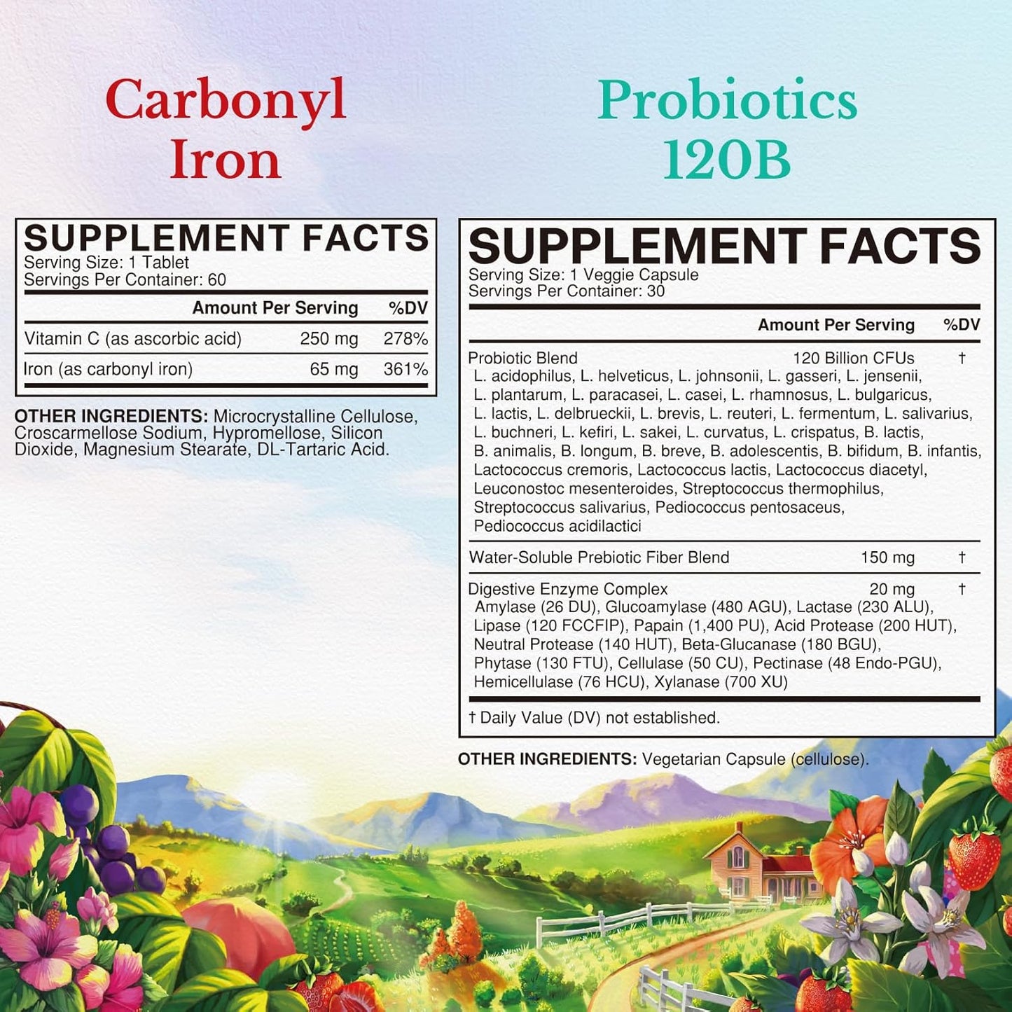 Vegan Probiotic and Iron Supplement Bundle for Gut, Bone, Muscle, and Energy Support - 120 Billion Probiotics & 65mg Iron - 30 Capsules & 60 Tablets