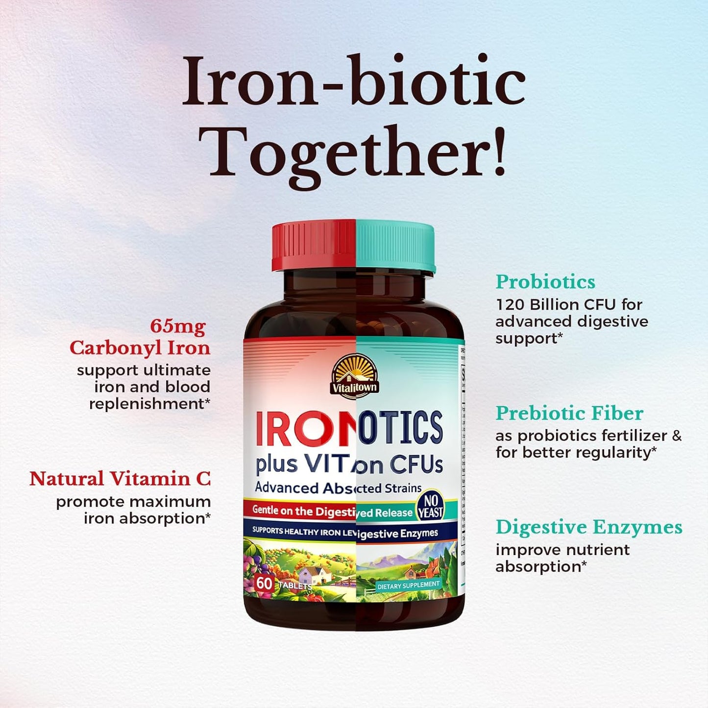 Vegan Probiotic and Iron Supplement Bundle for Gut, Bone, Muscle, and Energy Support - 120 Billion Probiotics & 65mg Iron - 30 Capsules & 60 Tablets