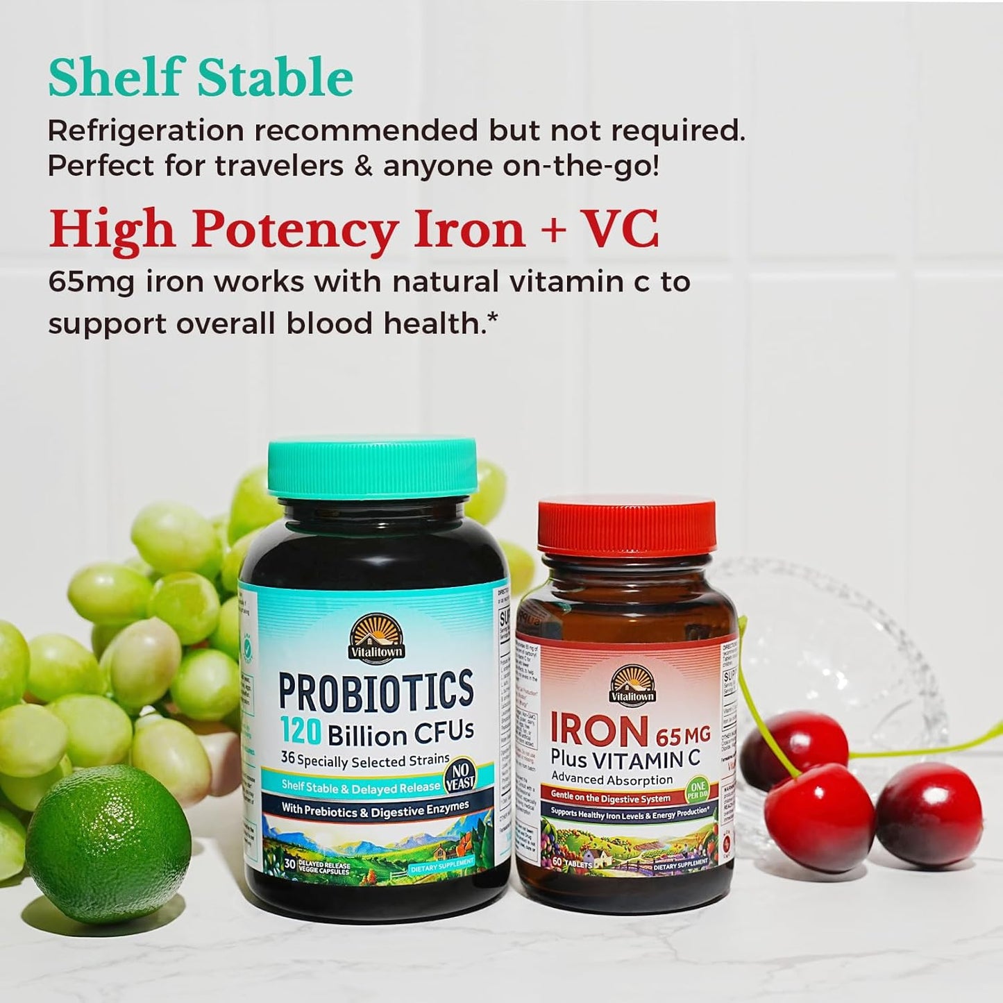 Vegan Probiotic and Iron Supplement Bundle for Gut, Bone, Muscle, and Energy Support - 120 Billion Probiotics & 65mg Iron - 30 Capsules & 60 Tablets