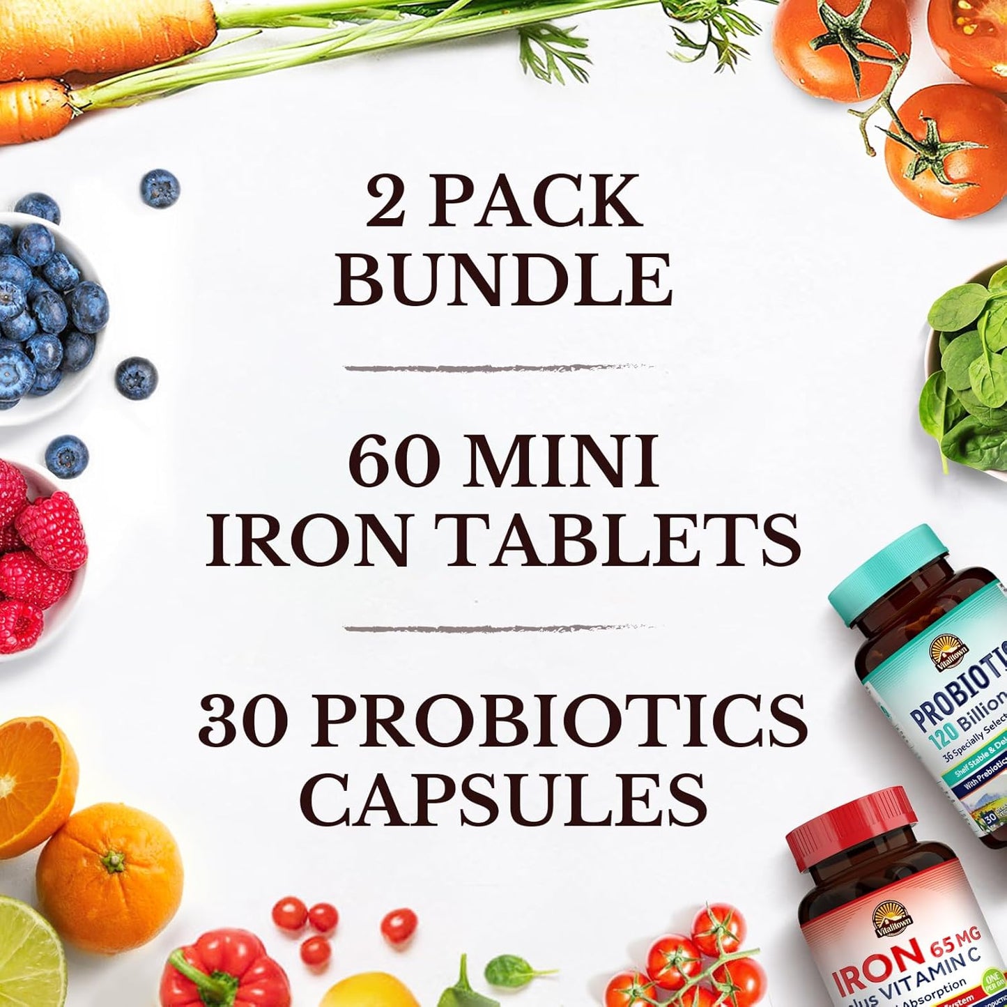 Vegan Probiotic and Iron Supplement Bundle for Gut, Bone, Muscle, and Energy Support - 120 Billion Probiotics & 65mg Iron - 30 Capsules & 60 Tablets