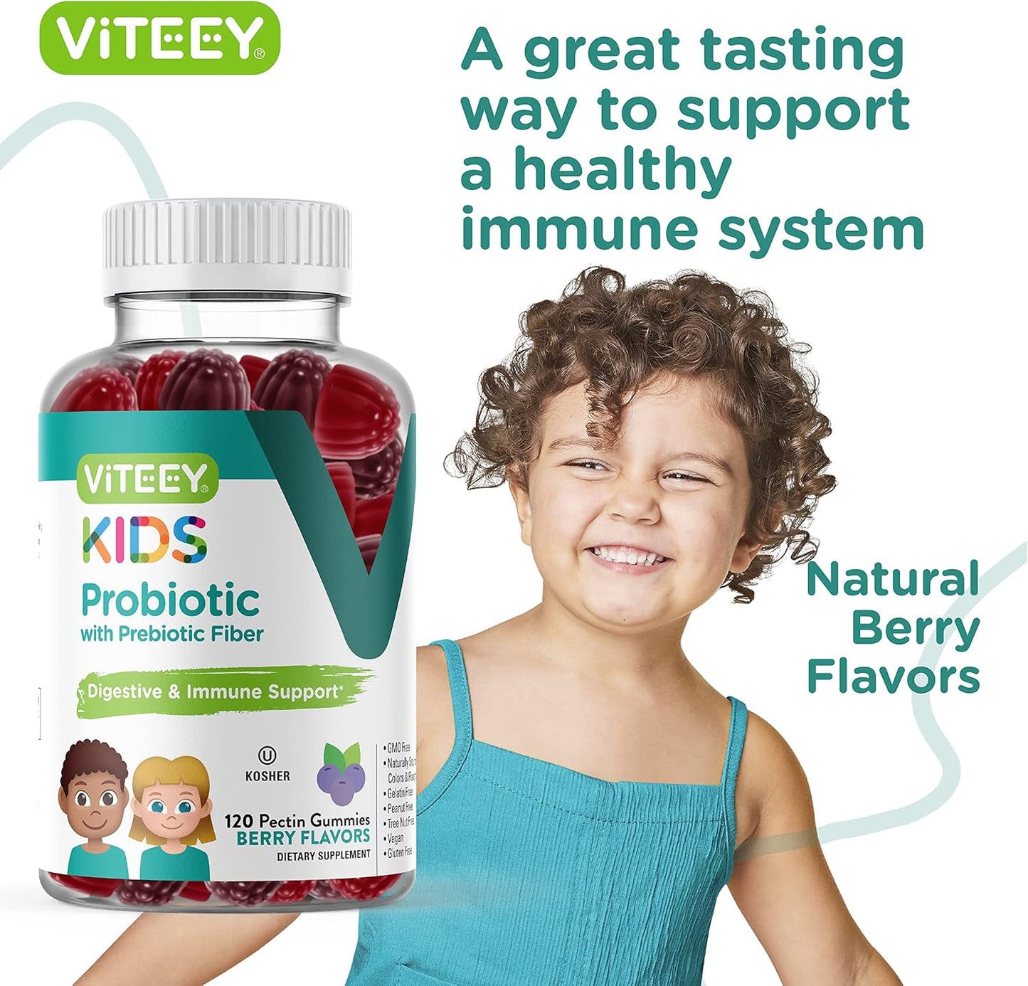 Vegan Probiotic Gummies for Kids with Prebiotics Fiber - 2 Billion CFUs - Digestive Health, Constipation Relief - Berry Flavored Chewable Gummy