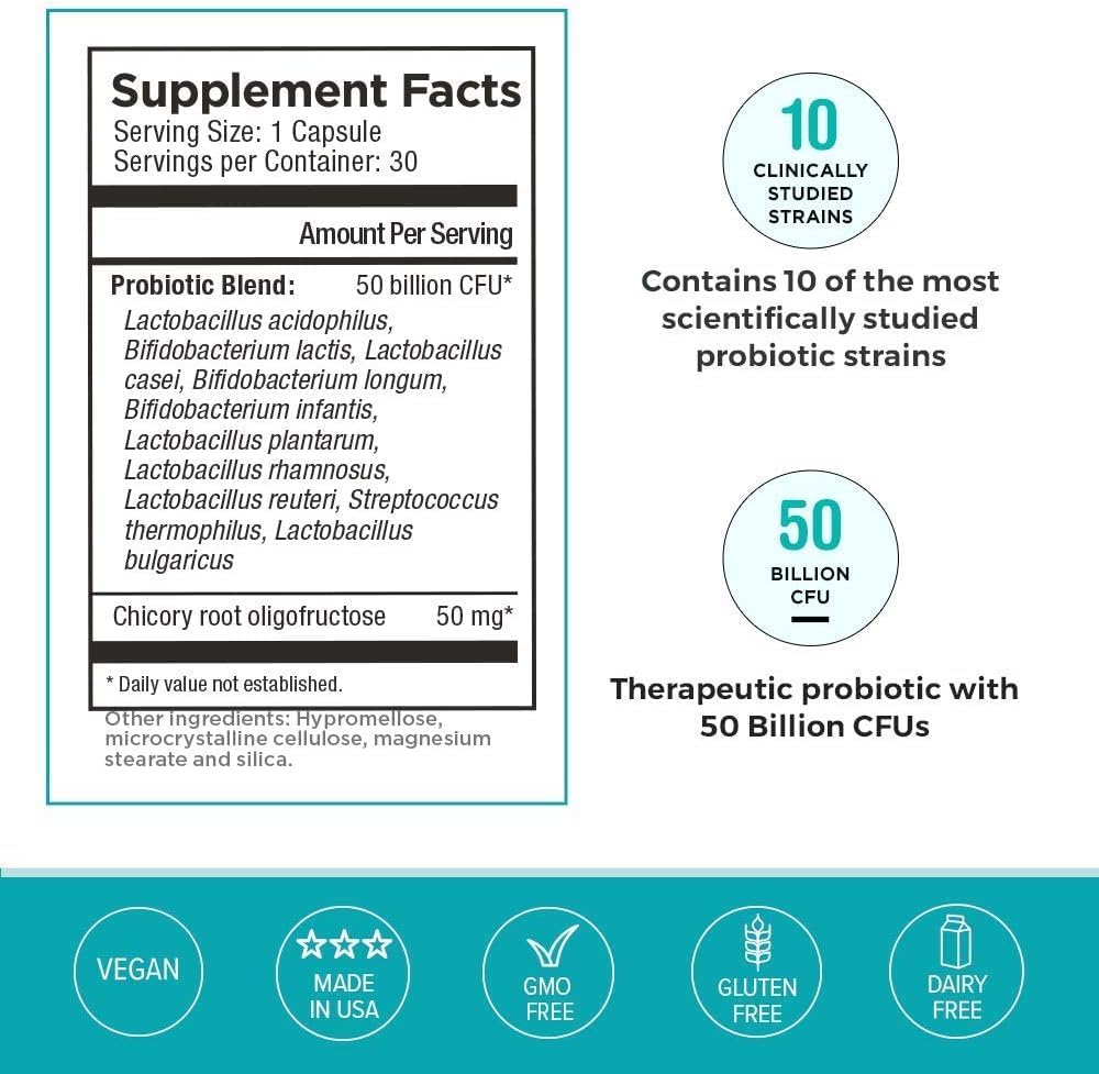 Vegan Probiotic + Prebiotic Supplement Pills with 50 Billion CFU, 10 Strains, Dairy-Free (90 Vege-Capsules)
