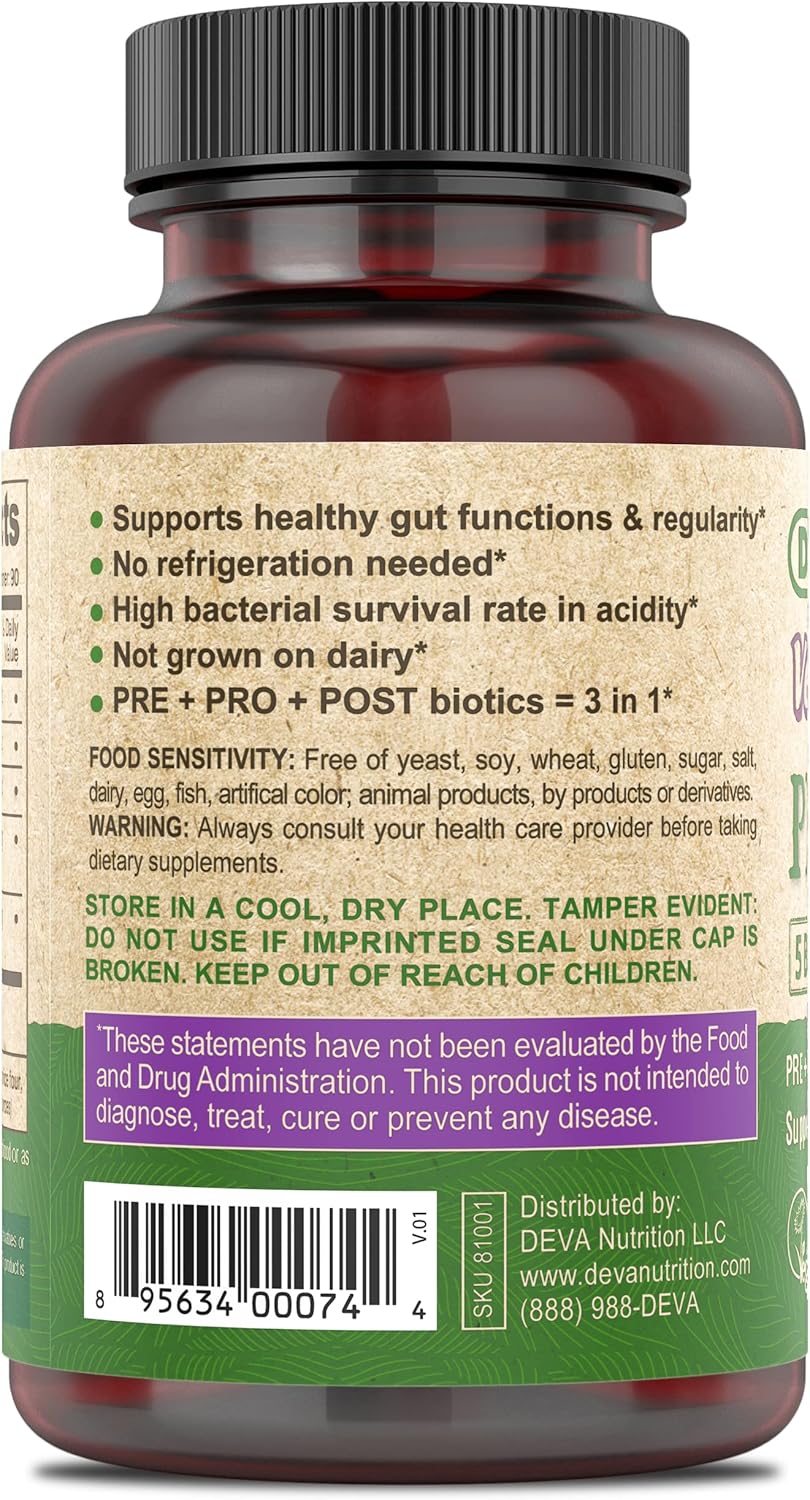 Vegan Probiotic Supplement for Digestive Health - 5 Billion CFU, Soil-Based Capsules with Pre, Pro, and Postbiotics, Dairy Free - 90 Count