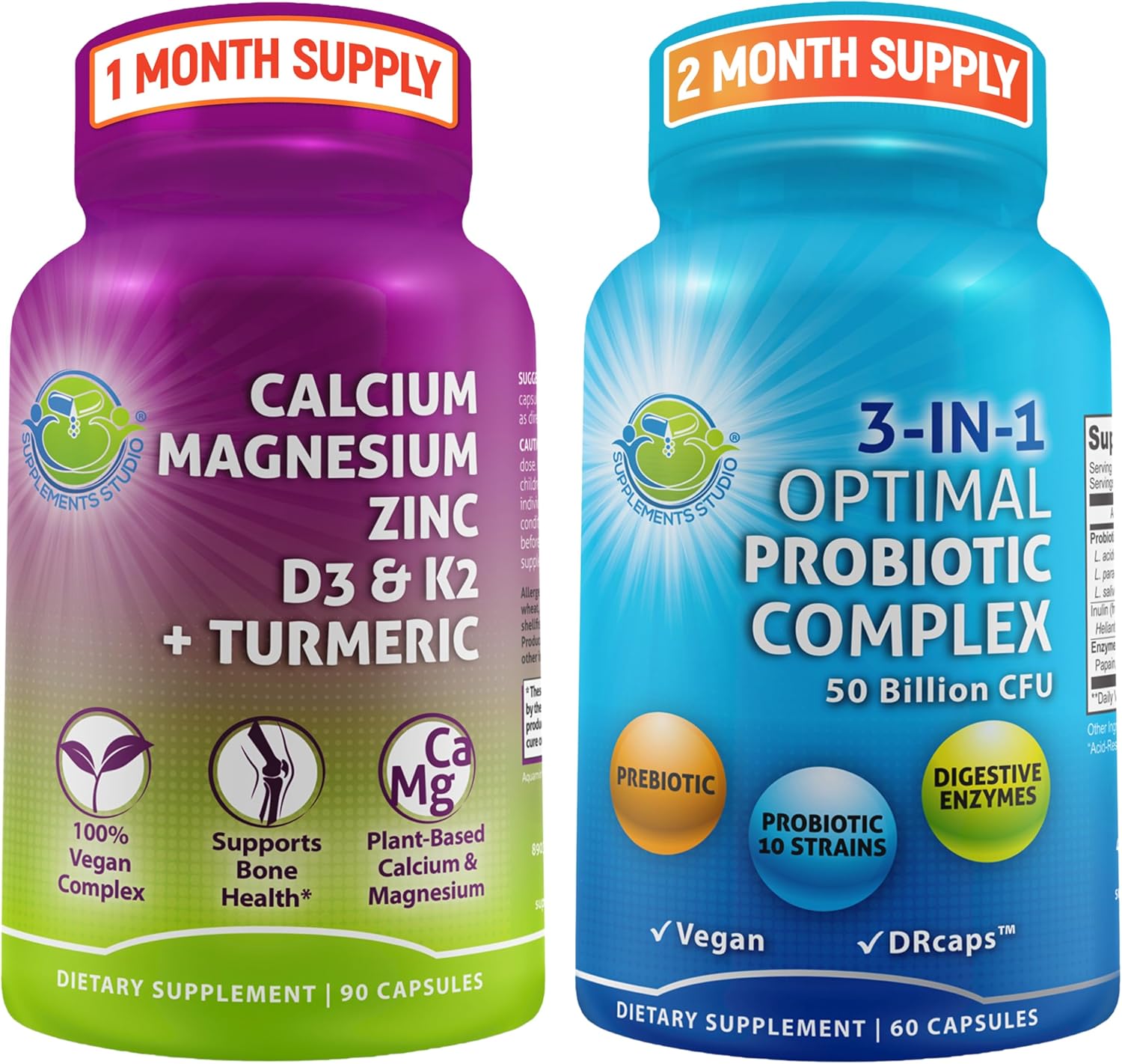 Vegan Probiotics with Enzymes and Prebiotic, 3-in-1 Digestive Support Bundle with Plant-Based Calcium 500mg