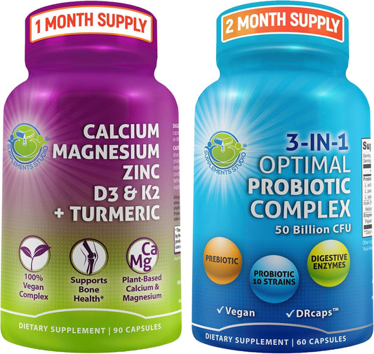 Vegan Probiotics with Enzymes and Prebiotic, 3-in-1 Digestive Support Bundle with Plant-Based Calcium 500mg