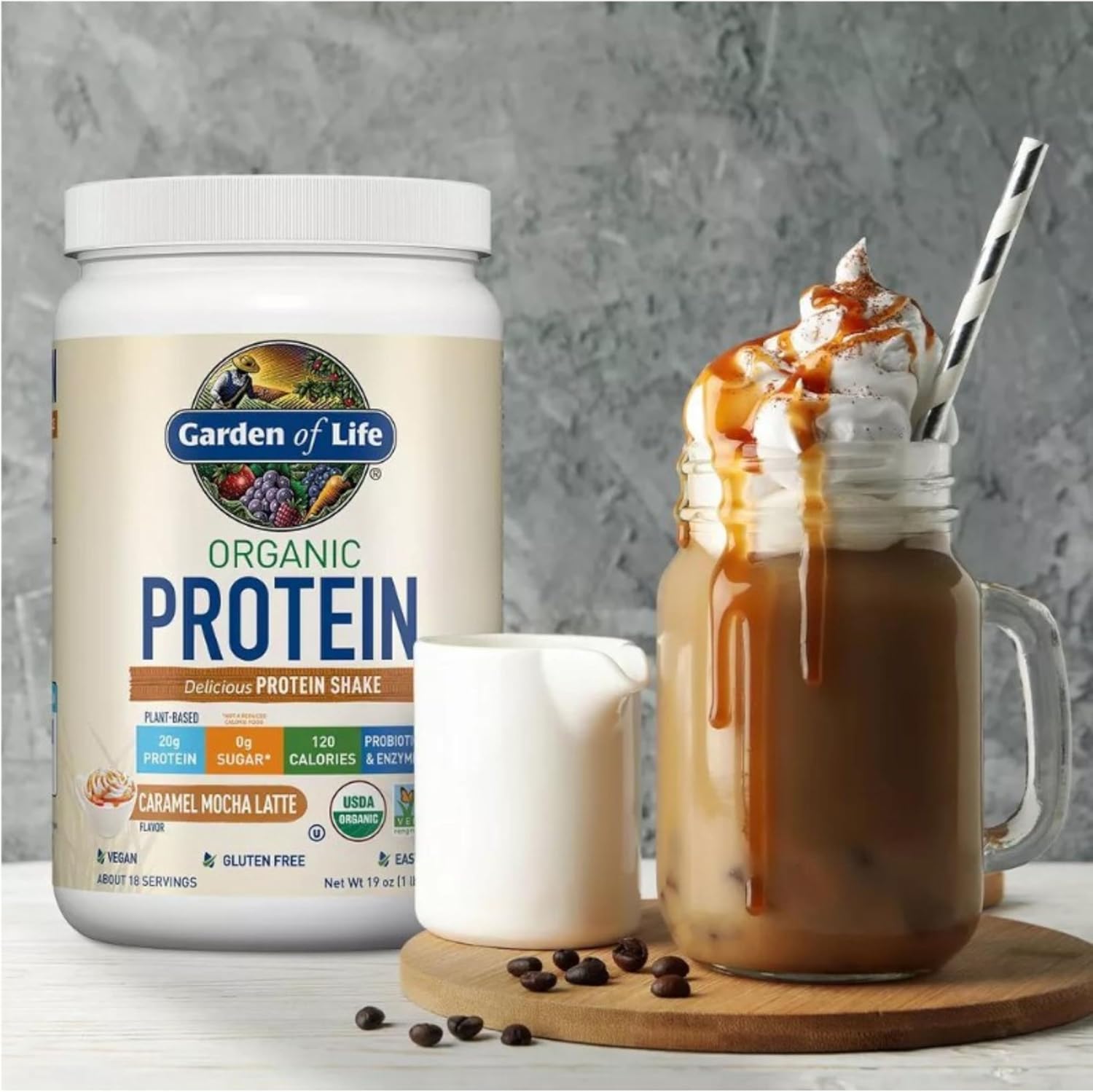 Vegan Protein Powder - Caramel Mocha Latte Flavor - 20g Plant Protein with BCAAs, Probiotics, and Digestive Enzymes - Gluten-Free & Non-GMO