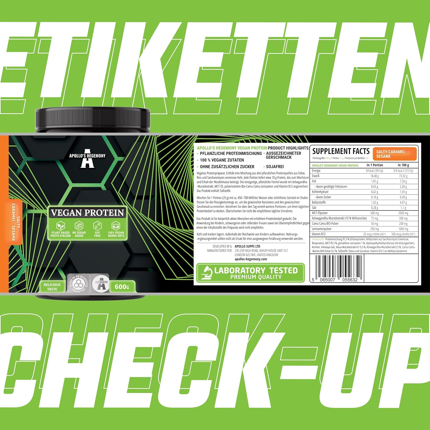 Vegan Protein Powder 600g with Pea, Rice, and Yeast - Amino Acids & Vitamin B12 - Sugar-Free - Sesame Flavour - 24 Servings by Apollo's Hegemony