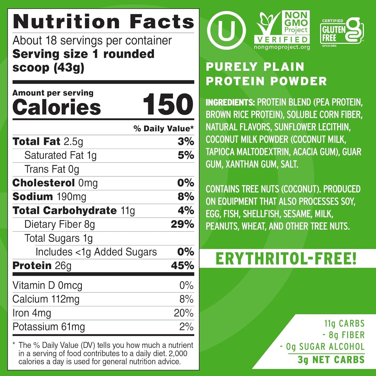 Vegan Protein Powder, Plain Flavor, 26g Plant Protein, Dairy-Free, Soy-Free, Sugar-Free, Keto & Gluten Friendly, Non-GMO, Kosher, 1.74lb Bag