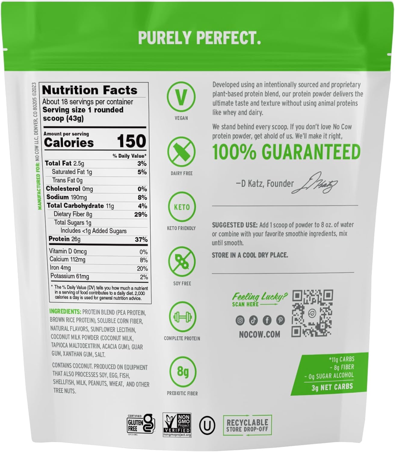 Vegan Protein Powder, Plain Flavor, 26g Plant Protein, Dairy-Free, Soy-Free, Sugar-Free, Keto & Gluten Friendly, Non-GMO, Kosher, 1.74lb Bag