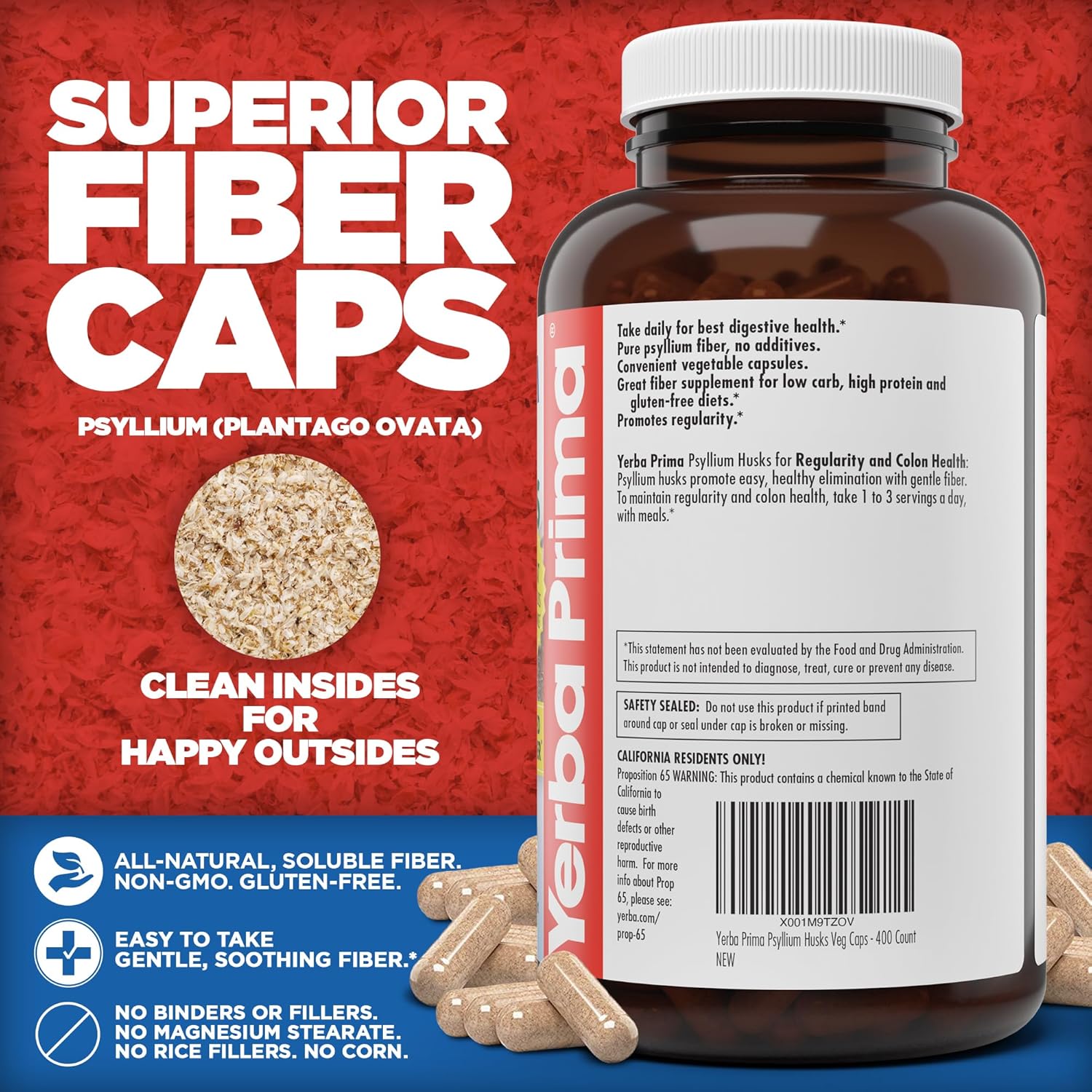 Vegan Psyllium Husk Veg Capsules - 400 Capsules, 625mg - Non-GMO, Gluten Free, Colon Cleansing Fiber Supplement for Gut Health & Regularity