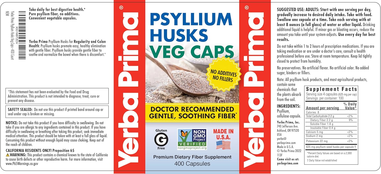 Vegan Psyllium Husk Veg Capsules - 400 Capsules, 625mg - Non-GMO, Gluten Free, Colon Cleansing Fiber Supplement for Gut Health & Regularity